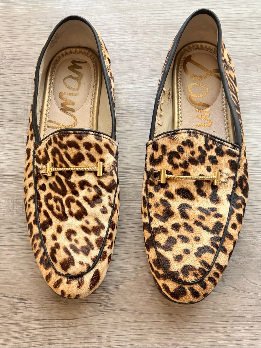 Sam Edelman Loraine bit loafers leopard print calf hair upper and gold hardware